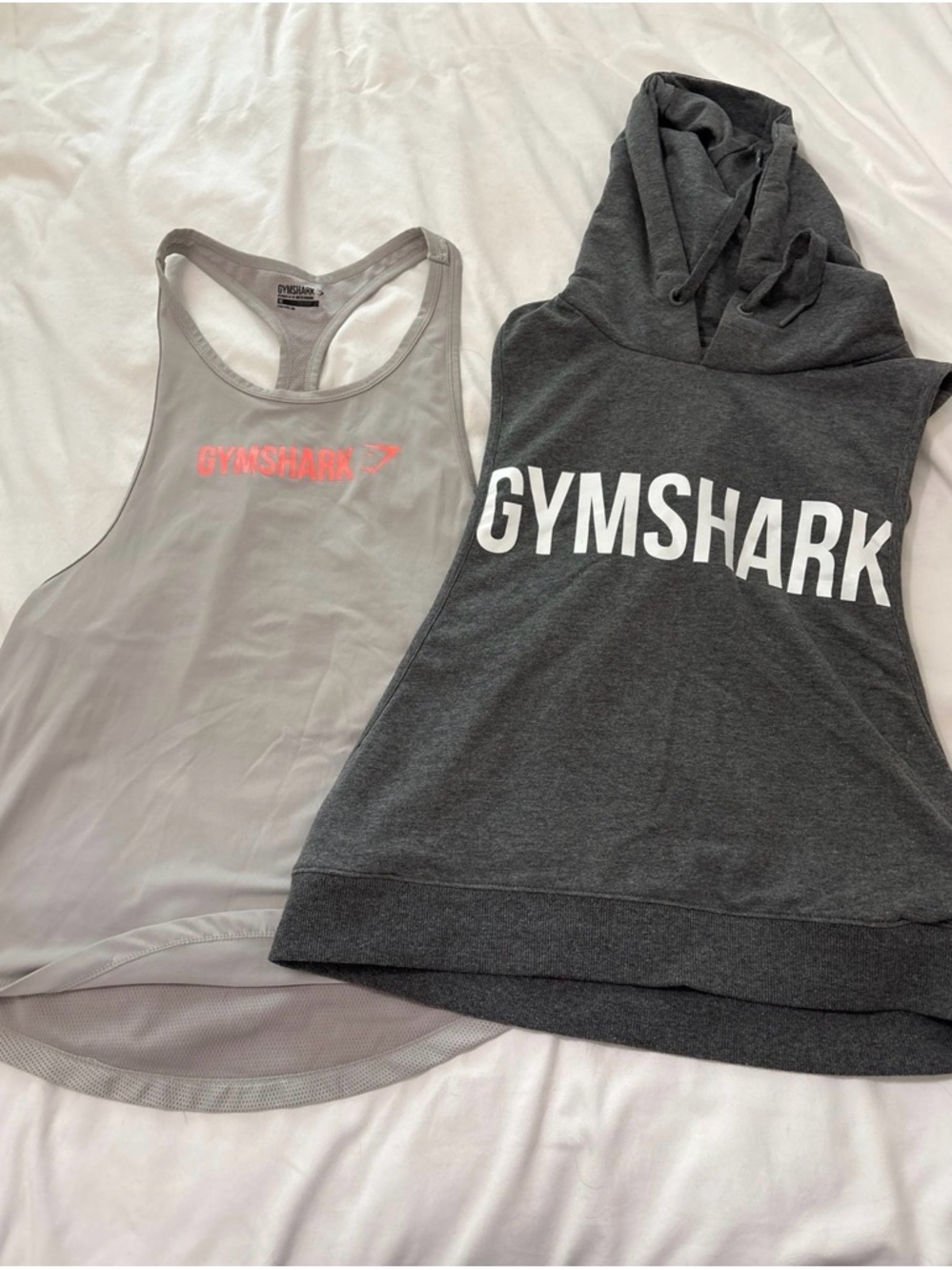 Gymshark Dark Gray Hooded Muscle Tank & Light Gray Racerback with Pink Logo